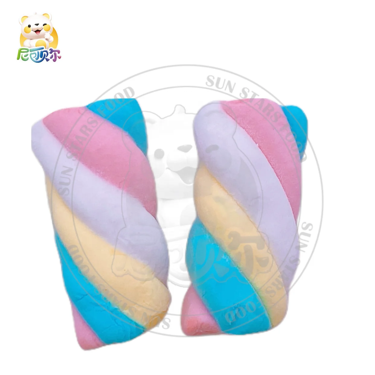 Wholesale Twisted Rainbow Marshmallow with Jam Rope Fruity Flavored Cartoon-Shaped Packaged in Bags