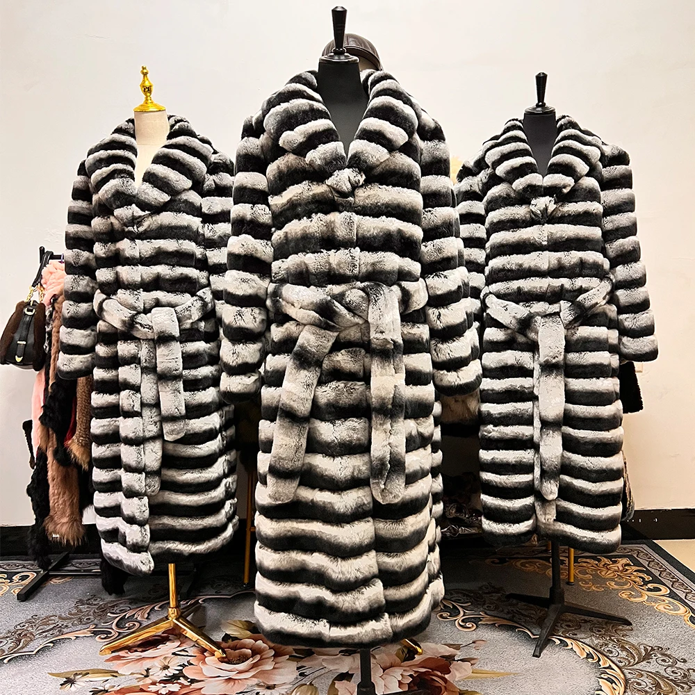2024 women winter fashionable real rex rabbit fur long coat with belt bigger size trench fur coat chinchilla color