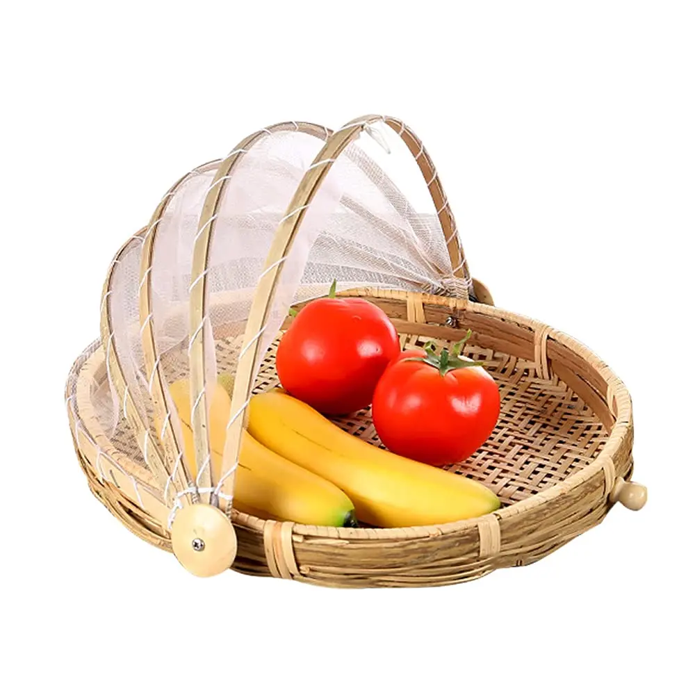 Bamboo Food Serving Tent Basket Hand-Woven Basket Serving Dustproof Round Picnic Basket , Mesh Gauze Cover Container