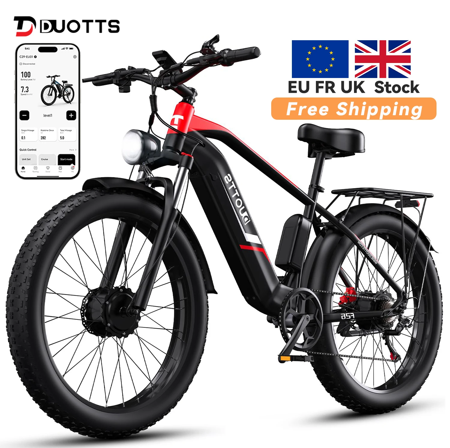 ЕС склад DUOTTS F26 Электрический горный велосипед 48 В 20AH 750 Вт * 2 двухмоторный 26-дюймовый толстый для взрослых