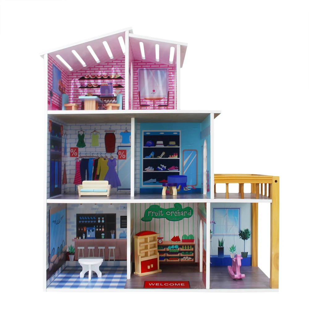 New Classic Wooden Doll House colorful Children Three layers education puzzle DIY Toy Doll House With  small