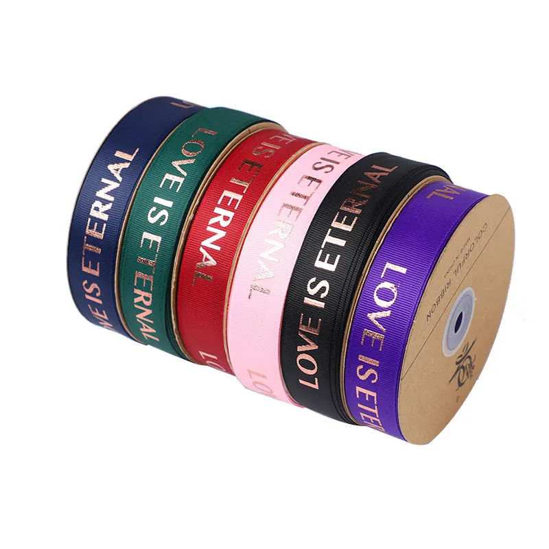Wholesale custom 2.5cm*45m English bronzing luxury gift cake box packaging satin ribbon elastic printed polyester