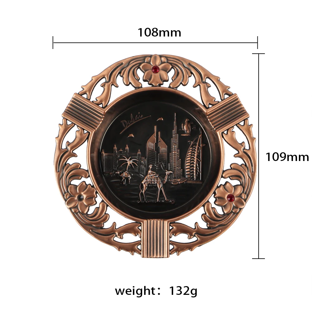 Custom Logo Design Creative Luxury Vintage Copper Standing Ashtray 3D Metal Hollow Out Crystal Cigar Ashtray Dubai Souvenir
