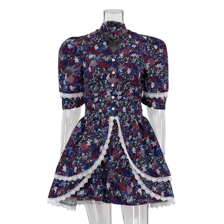 Casual Dresses Ladies Halter Buttoned Layered Lace Stitching Half Sleeve High Waist Corset Floral Printed Women Mini Short Dress