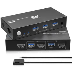 8K HDMI KVM Switch 1 Monitors 2 Computers with 3 USB 3.0 Hub 8K@60Hz HDMI 2 Port KVM Switch EDID Adaptive Plug and Play