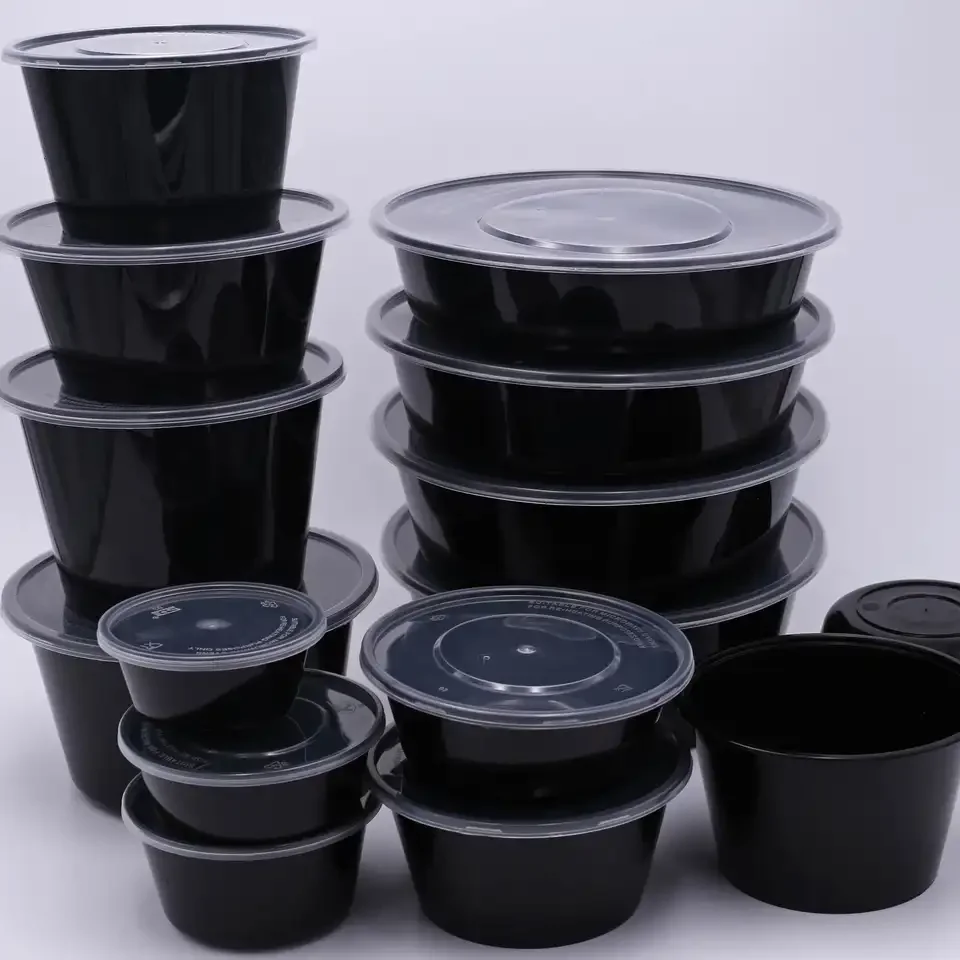 16OZ 24OZ 32OZ 40OZ black round shape  PP  food containers with lids microwavable plastic round  take- away  lunch boxs