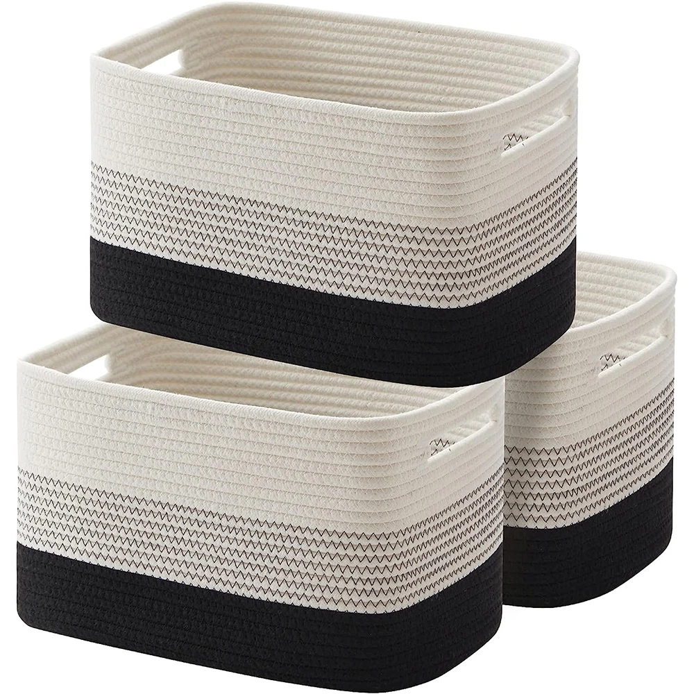 handmade 3 Pack toys storage bins Cotton Rope Woven Basket Nursery Cube Bin Cloth Storage Basket With Handles for Organizing