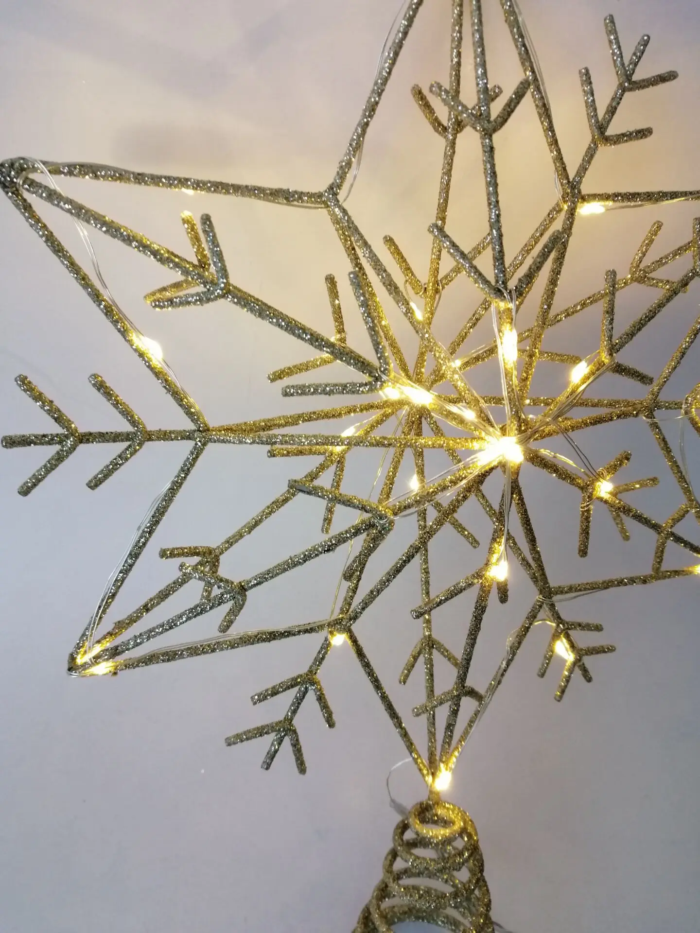 Metal Snowflake With Glitter Silver Copper Lights Xmas Decoration Christmas Tree Topper Led Decorative Light