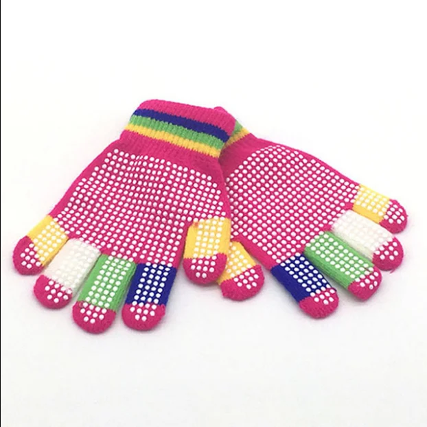Good quality acrylic knitted doubld pvc dot fashion winter hands magic gloves