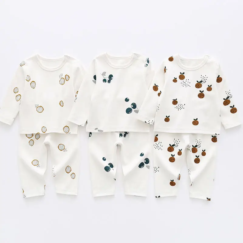 Boutique Spring Autumn Infant Toddler Organic Cotton Shirt Soft Fruit Print Long Sleeve Pajamas Baby Boy Girl Clothing Set