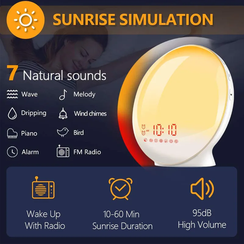 Smart Dual Alarm Clock 7 Colorful Bedside Light Sunrise Simulation Wake Up Light With FM Radio Wake Up Light