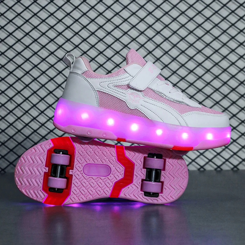Kids LED Light Up Kick Roller Skate Shoes With 4 Wheels Rechargeable Roller Sneakers for Girl Boys Children Gift