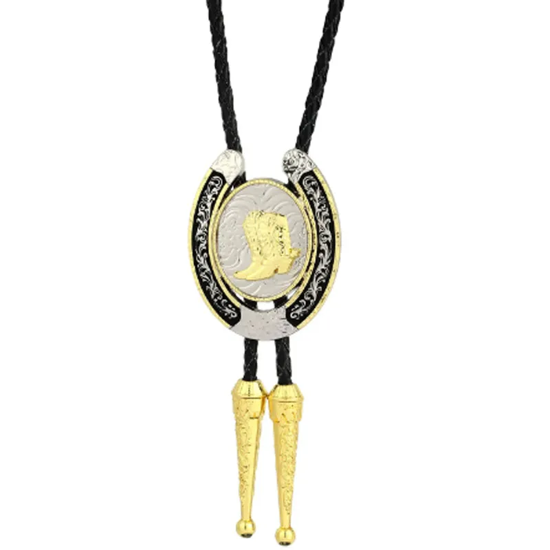 U shape two-color plating zinc alloy western cowboy bolo tie clip Black leather rope animal Bolo tie Necklace for men