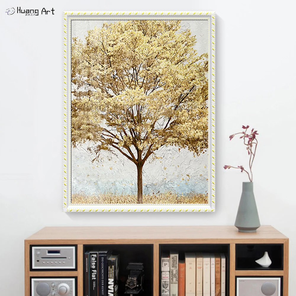 Hand Painted Golden Tree Oil Painting on Canvas Modern Abstract Rich Tree Painting for Living Room Decor Foil Gold Picture