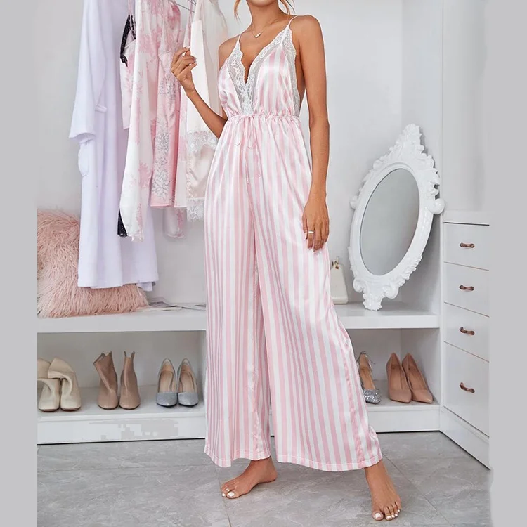 Custom breathable Satin Loungewear Lace Trim Striped Satin Sleep Jumpsuit pajamas for women