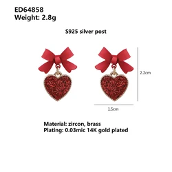 ED64858 Korean cute red heart hypoallergenic bowknot earrings fashion 14K gold plated women jewelry