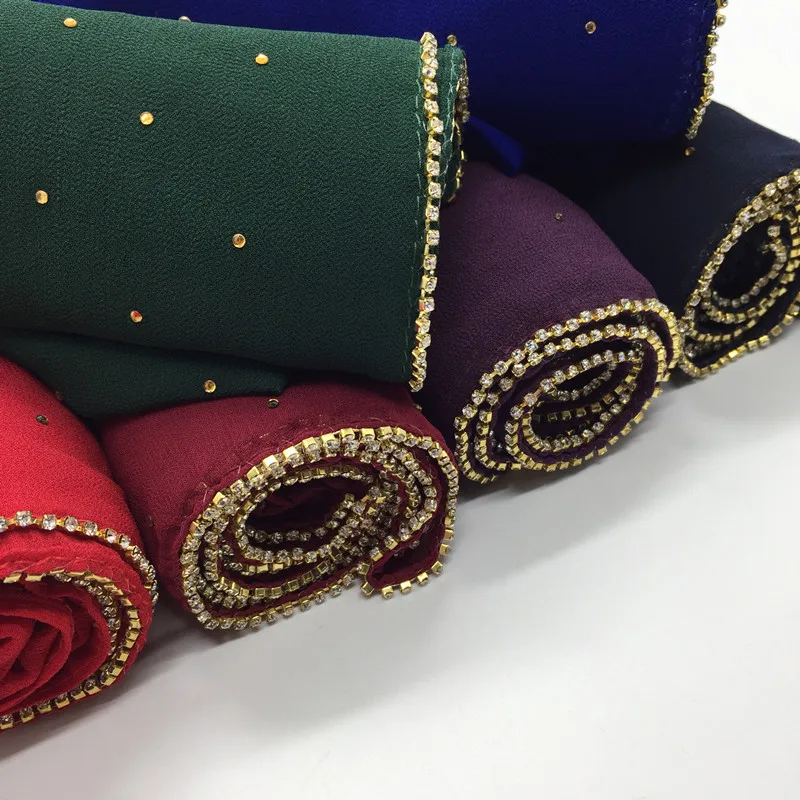 
Hot sale bubble Chiffon fancy Diamond chain hijabs Women crystal scarf shawl rhinestone headscarf muslim turban islam headband 
