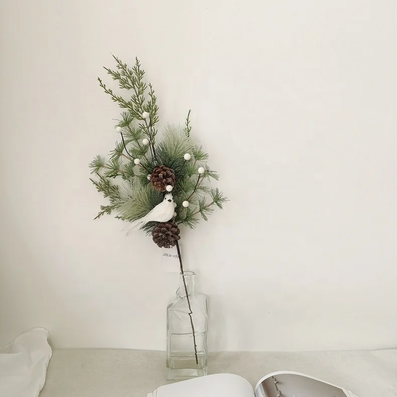 Artificial tree branch for Christmas decoration pine needle pick with artificial white bird and pine cone Christmas tree picks