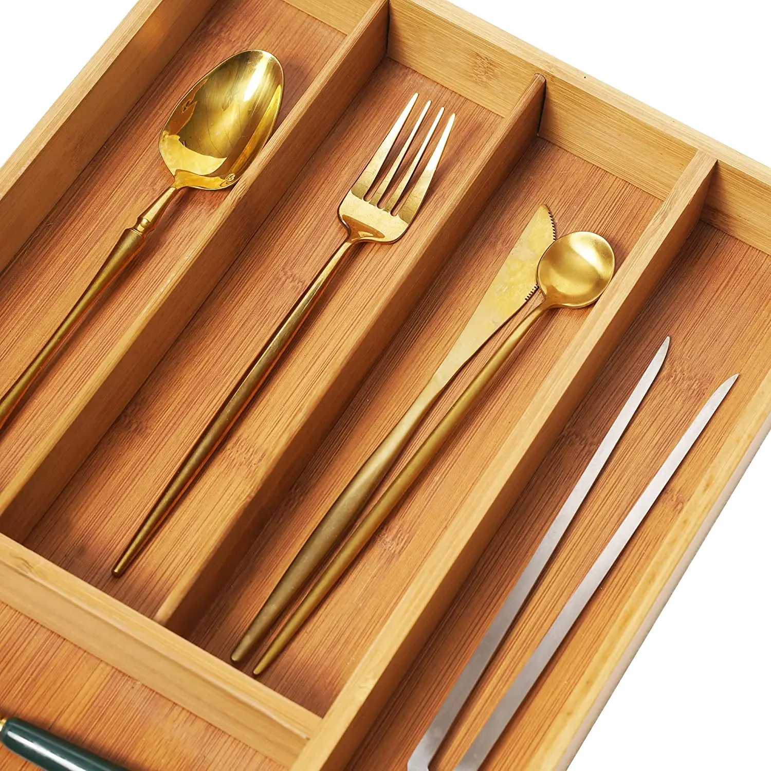 Bamboo Silverware Drawer Organizer Kitchen, Expandable Utensil Holder and Cutlery Tray with Divider