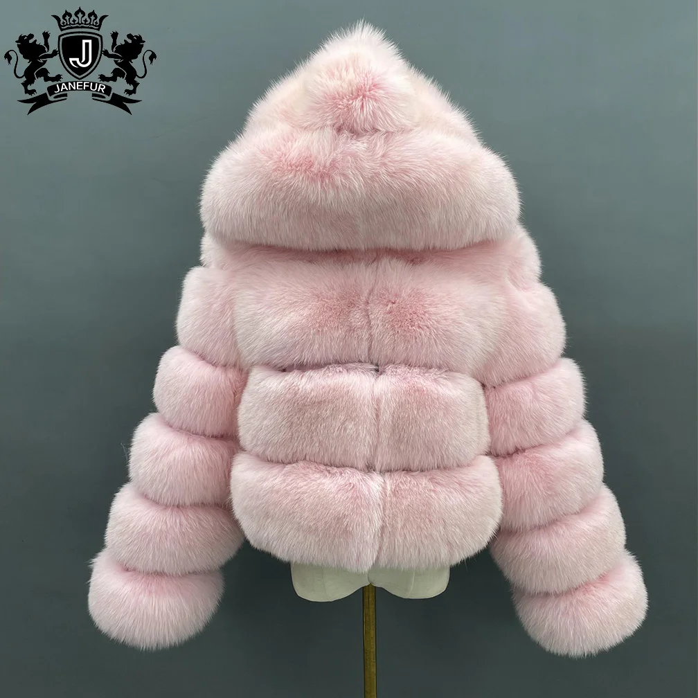 Winter Brown Hooded Short Raccoon Fur Coat Plus Size Real Fox Fur Bomber Jacket Crop Charming Fox Fur Coat