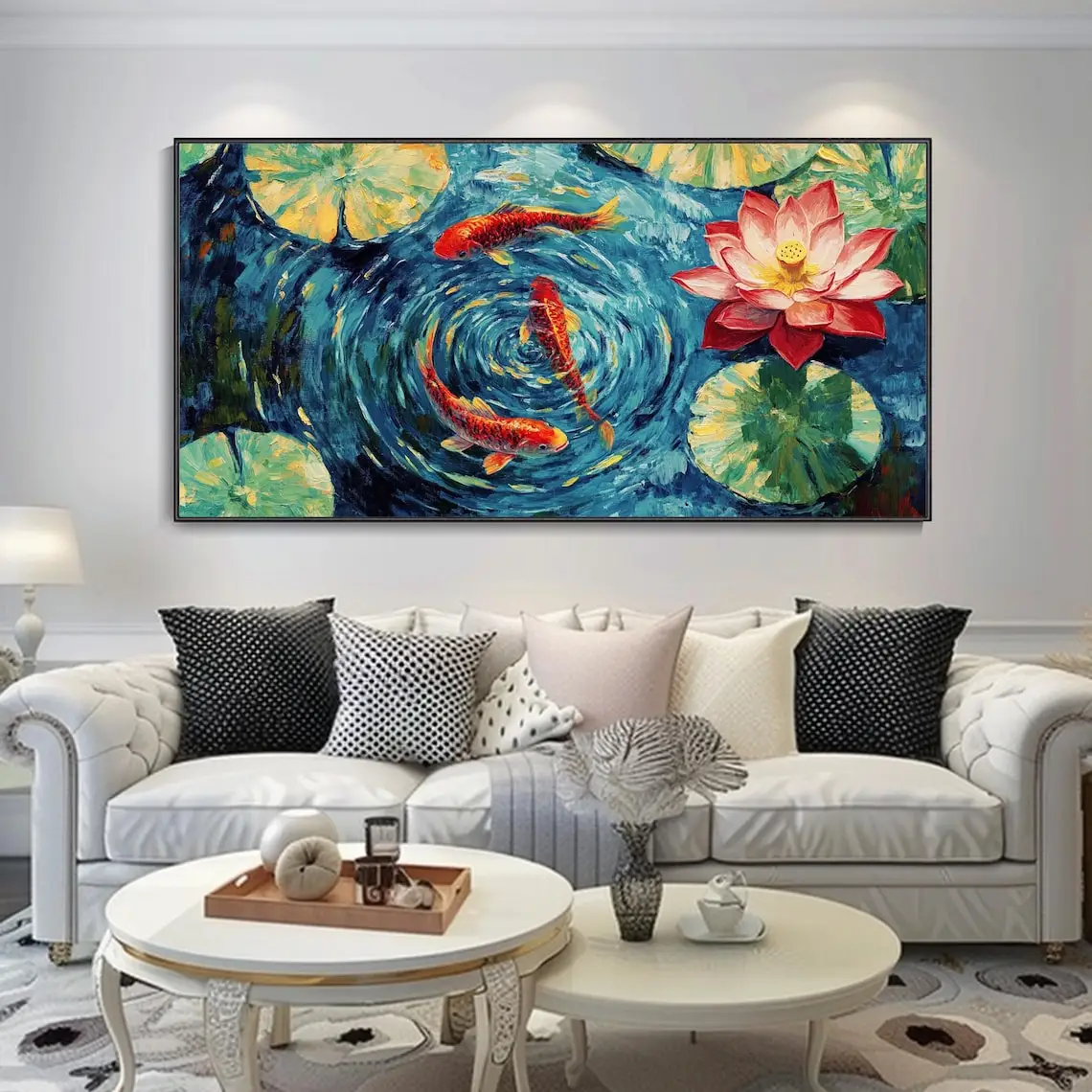 SQ Lotus Red Koi Fish Oil Painting Abstract Floral Art Modern Wall Decor Large Colorful Water Lilies Contemporary Home Decor