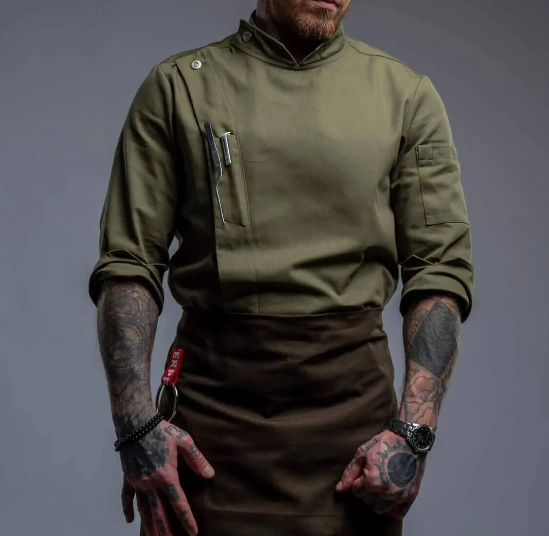 Army Green Cafe Bar Wait Staff Uniforms Custom Logo Printing Waiter Workwear Uniform Restaurant Waiter and Waitress Uniform