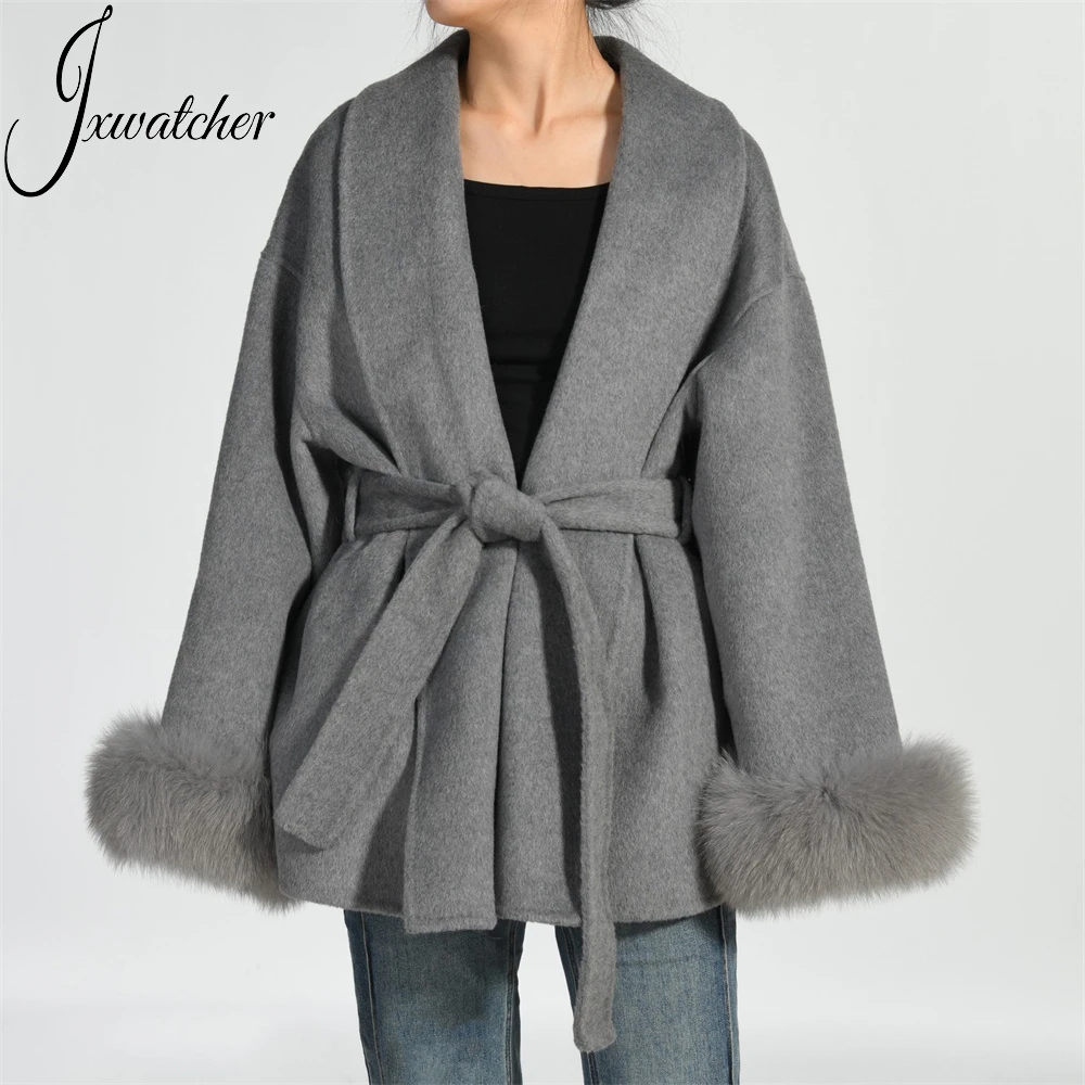 Luxury Real Fox Fur Cuffs Design Ladies Slim Handmade Double Faced Wool Coats Outwear Winter Soft Cashmere Coat With Fox Fur