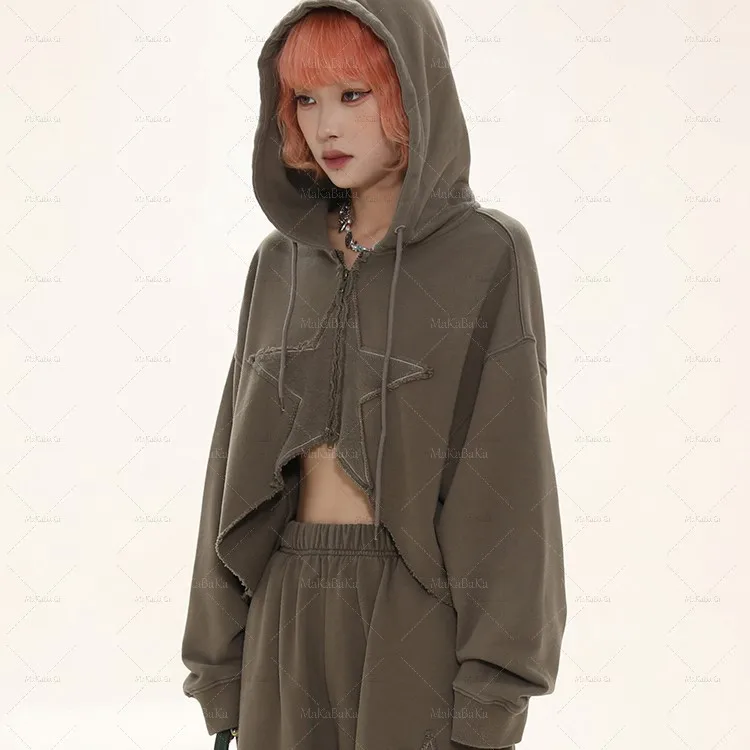 2022 Y2K Outfit Hippie Korean Style Clothes Women Crop Star Top Zip Up Hoodie Short Pullover Zipper Patchwork Hooded Sweatshirts