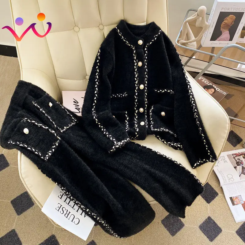 2023 Autumn Winter Elegant Thick Ensemble Femme 2 Pieces Vintage Sweet Suits Knitted Two Piece Sets Womens Outifits