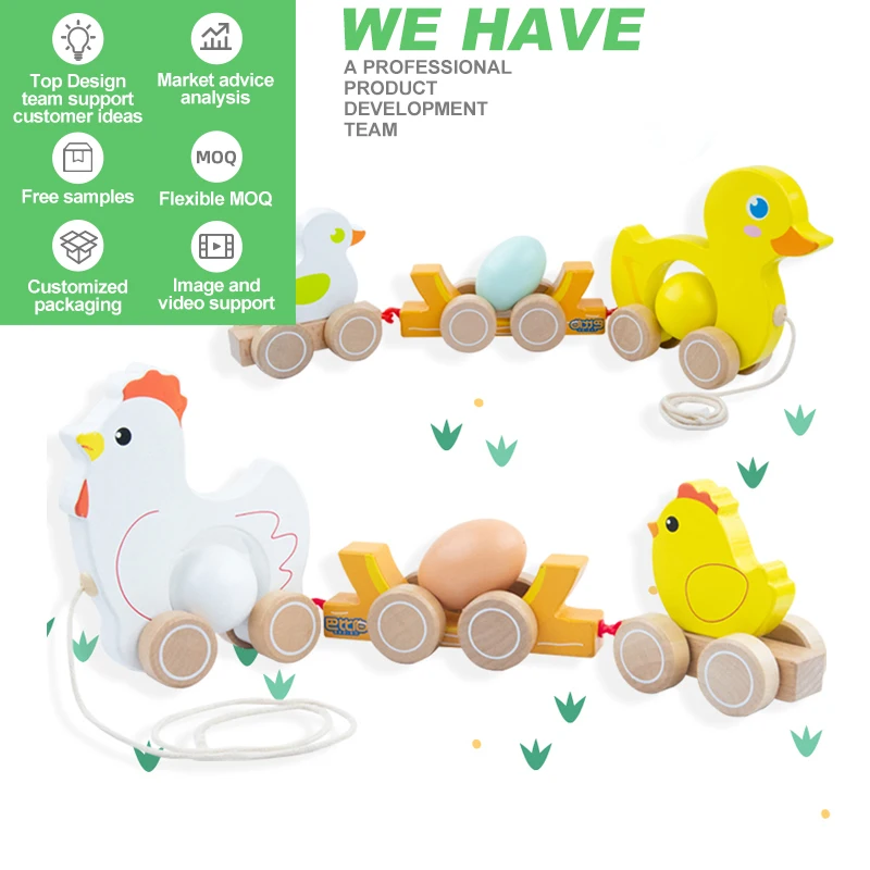 Wholesale OEM ODM Custom Wooden Push Pull Along Chicken Duckling Egg Dragging Cart Truck Baby Educational Cute Toddler Toy