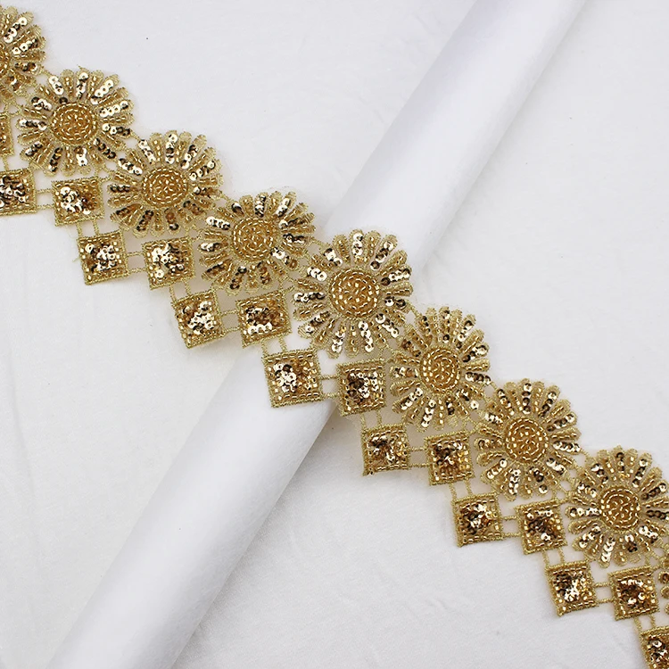 Beaded Sequin Silver 3d Embroidered Gold Flower Bridal Lace With Sequin Trimming Lace Fabric Embroidery Designs