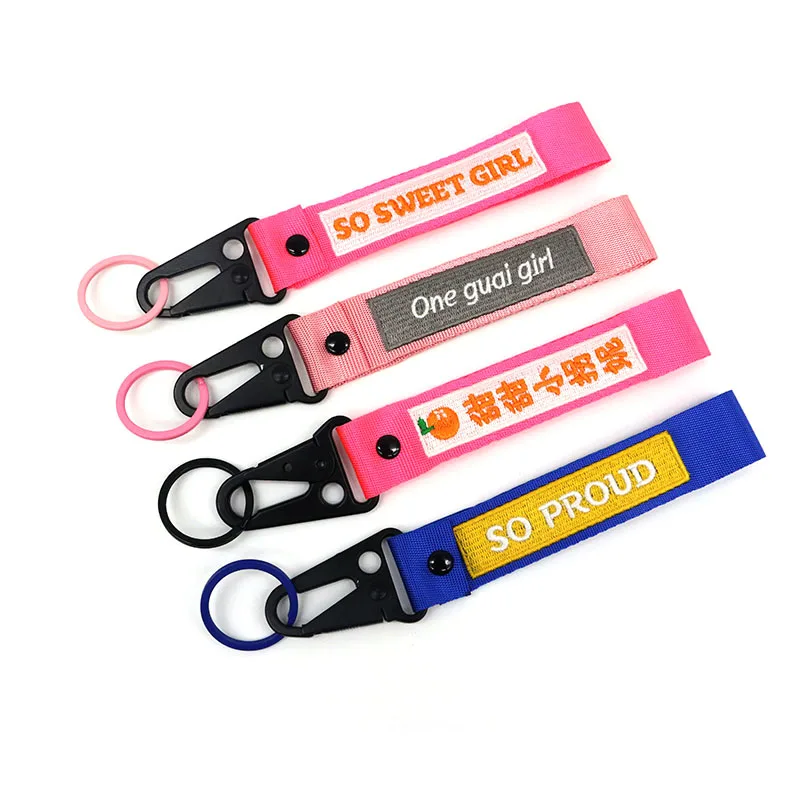 Custom Cartoon Black Carabiner Flatring Pink Custom Embroidery Nylon Keychains with Metal Rings
