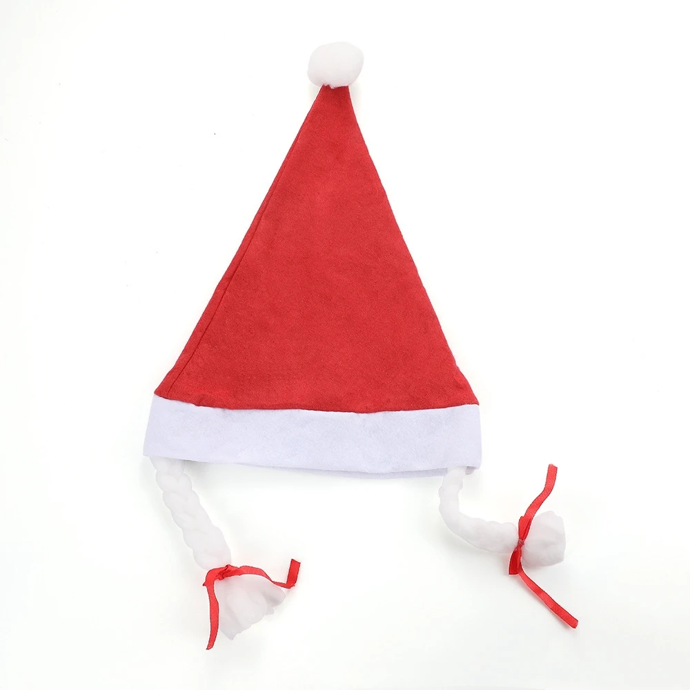 Christmas Santa Claus Hat with Braids for Adults Warm Xmas Holiday Beanie Hats for New Year