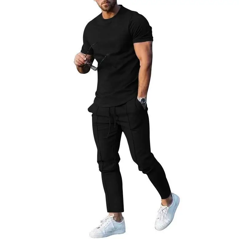 Летняя спортивная мужская футболка спортивный костюм мужской однотонный Повседневный Спортивный с круглым вырезом и коротким рукавом