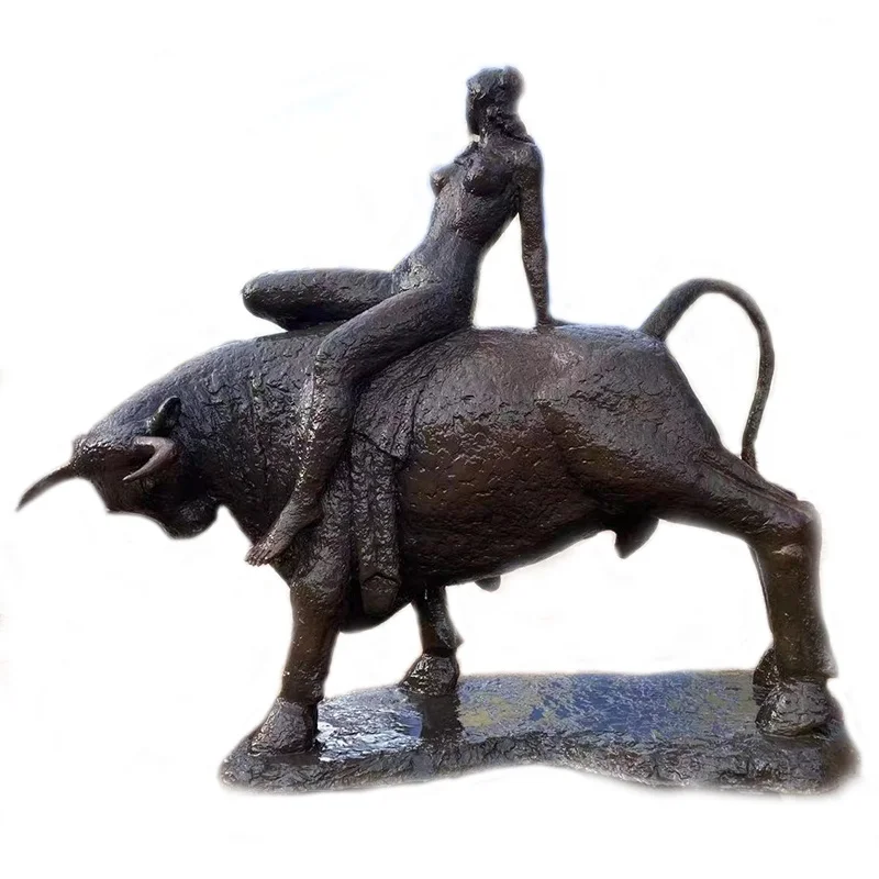 MUSI Bronze Brown Color Life Size Girl Sitting On the Bull Pitted Surface Sculpture