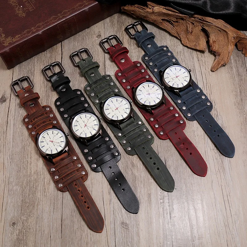 Retro Cowhide Watch Personalized Adjustable Punk Leather Bracelet for Men