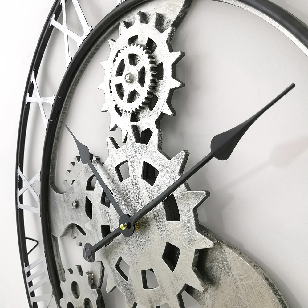 70cm round retro industrial style silver wood wheel gear roman numbers home decor quartz wall mounted clock for living room