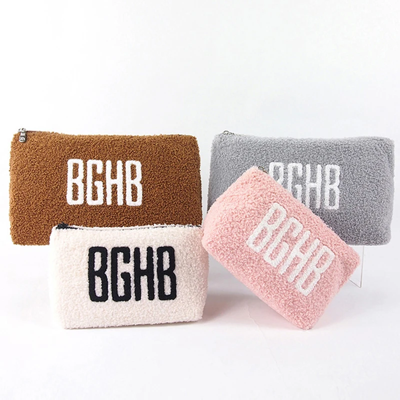 Hot sale wholesale women zipper beauty pouch pink soft travel makeup bag teddy eco friendly cosmetic gift bags