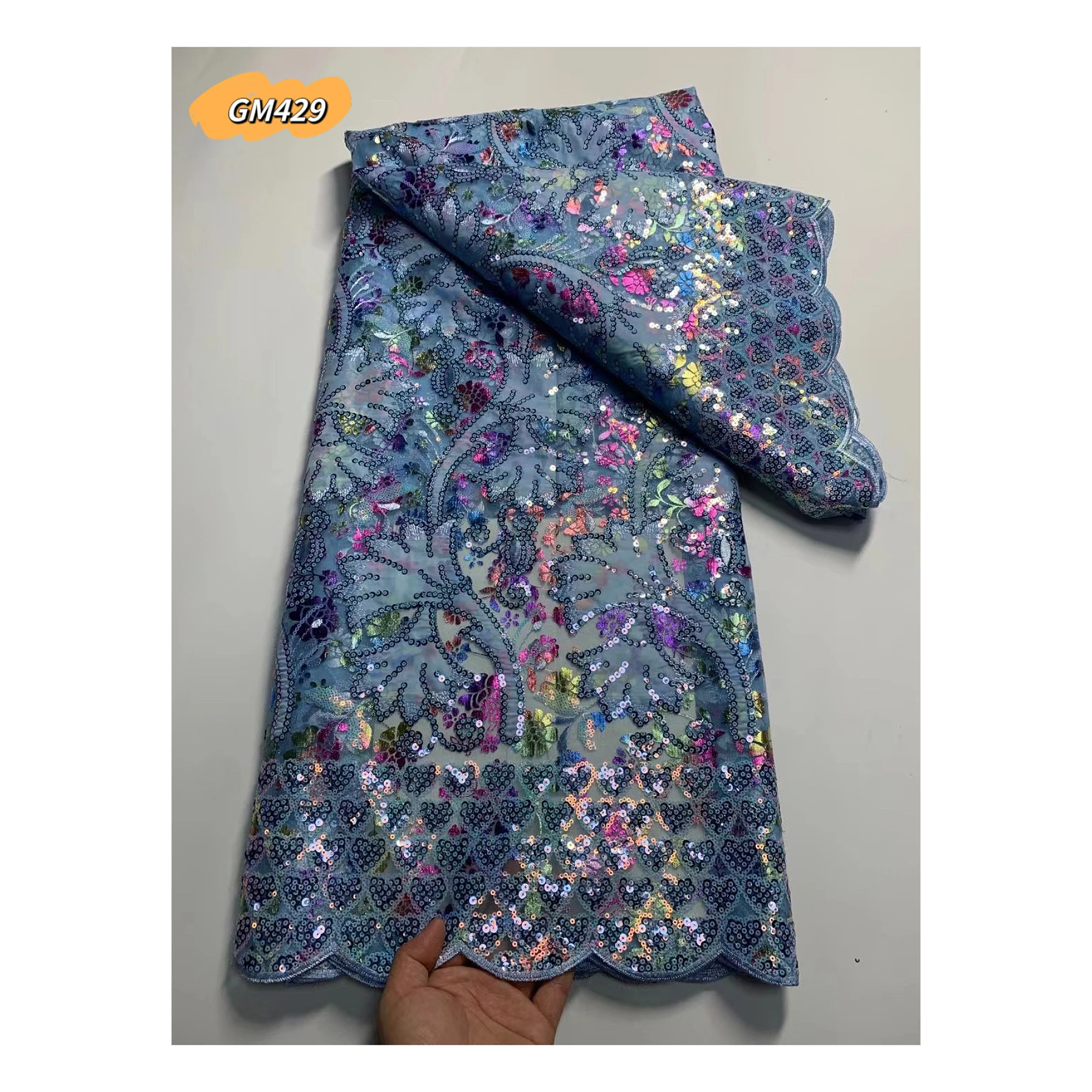 Factory Price Blue And Silver Embroidery Lace Fabrics French Sequins Tulle Lace African Net Lace for Garment Women Dress