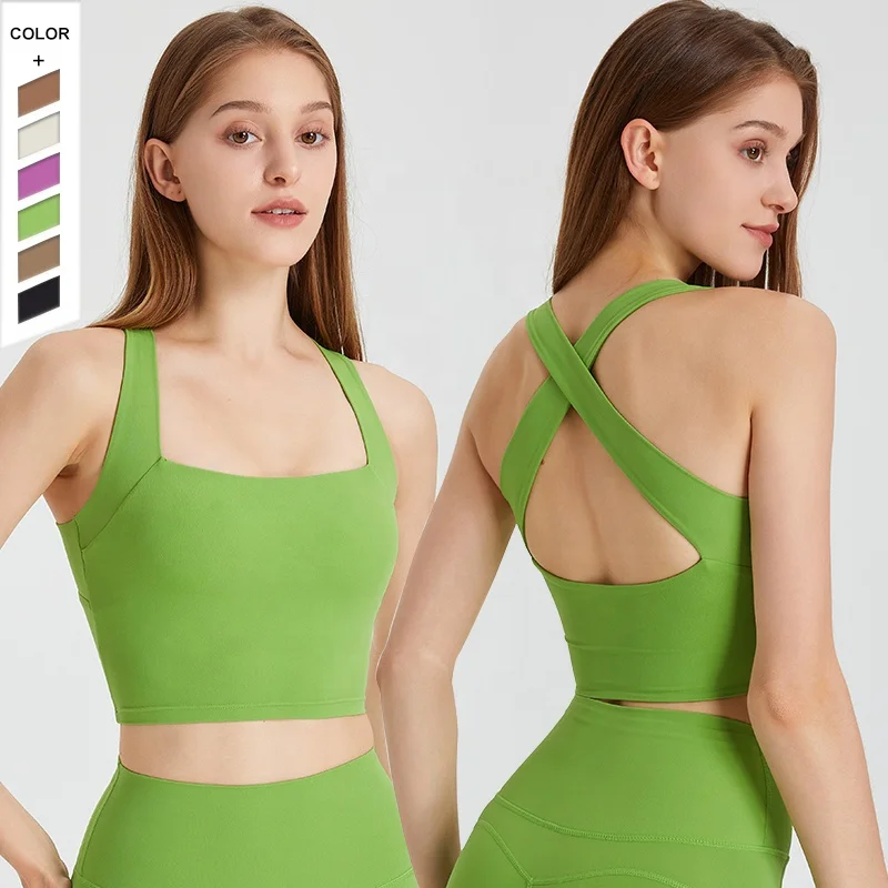 In Stock Elastic Gathered Sports Bra With Beautiful Back  U-shaped Neck Widened Shoulder Strap Design Running Yoga Bra