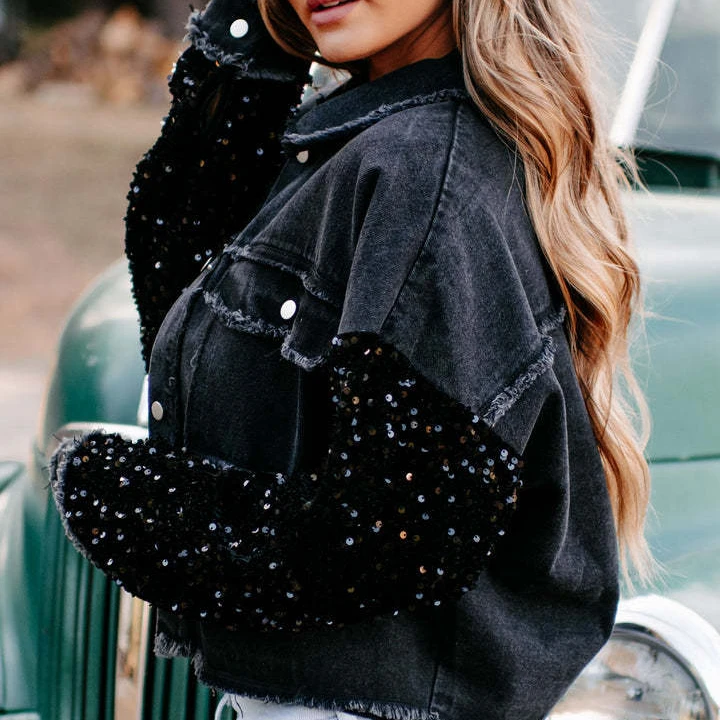 2022 New Winter Fashion Leisure Wear Sequins Splicing Flash Jacket Jean Jacket