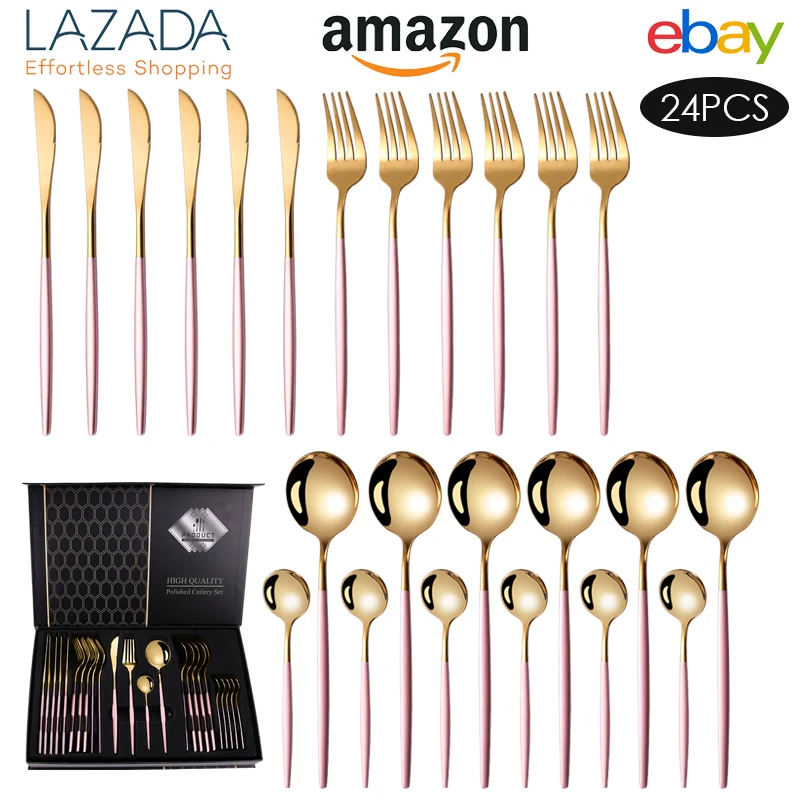 Preferential Price Flatware Knife Spoon Fork Luxury 2024 Wedding Gold Silver Moirrored 24pcs Silverware Portuguese Cutlery Set