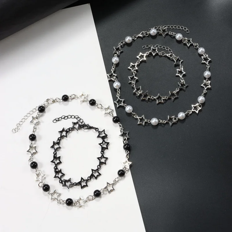 Rinhoo Harajuku Crystal Star Pentagram Pearl Beaded Bracelet for Women Vintage Aesthetic Charm Chain Bracelet Jewelry Gifts