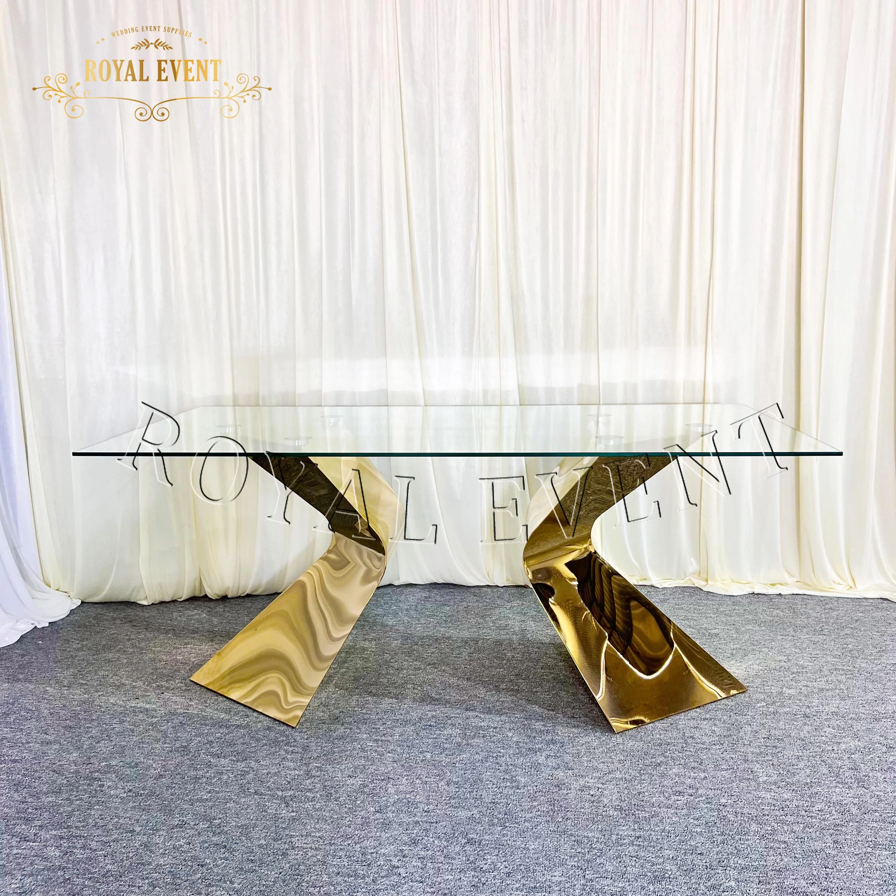 Luxury Design Gold Stainless Steel Wedding Table Elegant Bridal dining Table glass top hotel furniture dining table For Wedding