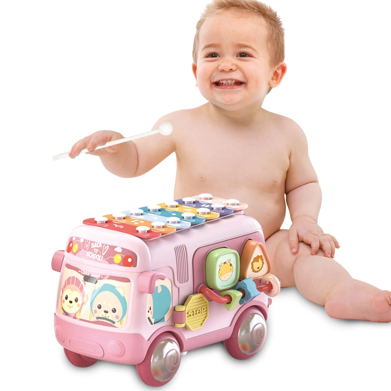 Wholesale new cartoon sliding bus toy early education baby drag toddler bus knock piano building blocks musical toys for kids