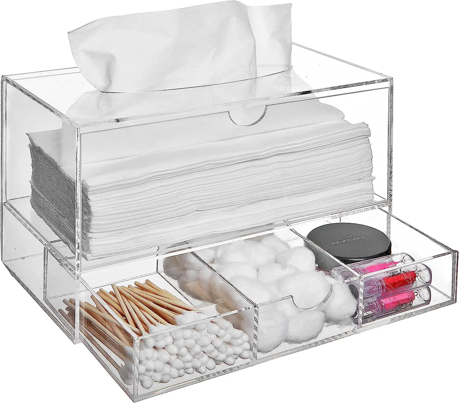 Factory Wholesales Modern Clear Acrylic Countertop Pull Out Storage Drawer/Cosmetic Organizer Box w/Tissue Dispenser