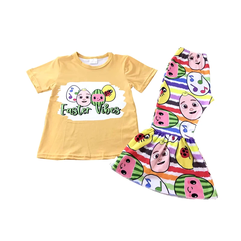 Новинка, Пасхальная детская одежда, оптовая продажа, желтая рубашка с принтом, полосатые брюки, Детский костюм с пасхальным принтом