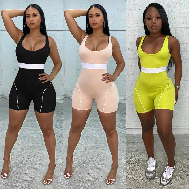 Sportwear Solid Coor Sleeveless Jumpsuit High Waist Push Up Summer Corset Rompers One Piece Outfits For Women