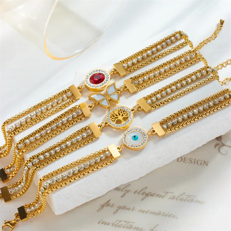 Fashion Stainless Steel Devil Eye Bangle Jewelry 18k Gold Plated Zircon Tree Of Life Bracelets For Women