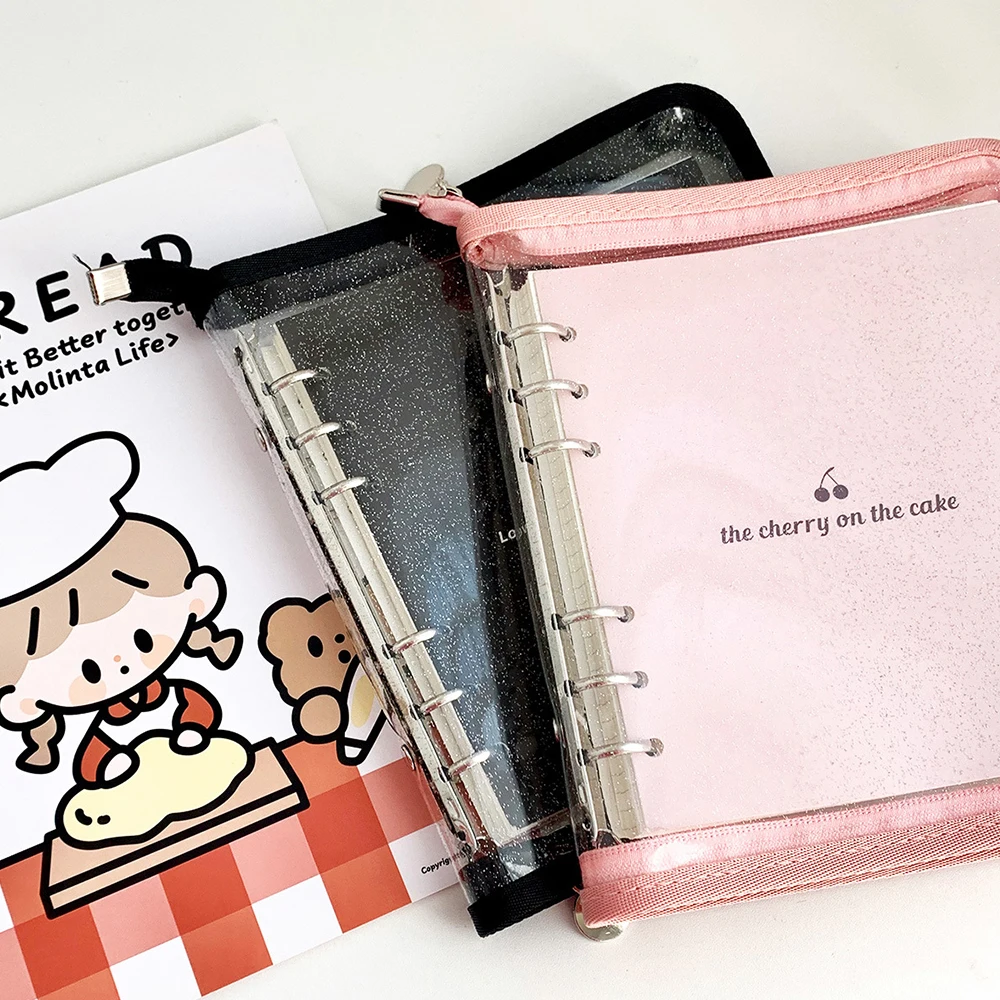 Glitter Shiny Cover PVC Transparent Zipper Binder 6 Ring Loose Leaf Notebook with 80 Sheets Inner Pages
